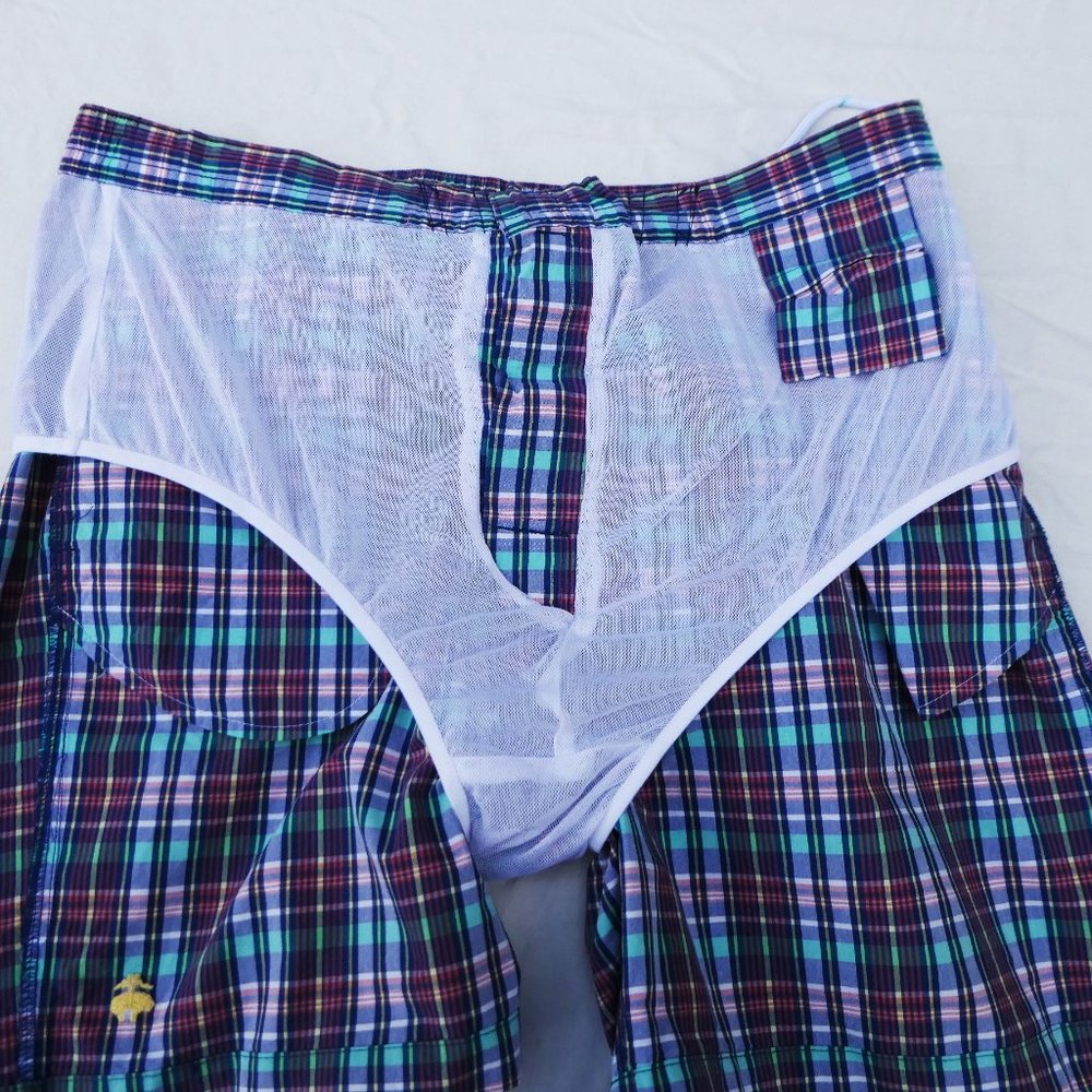 Brooks Brothers 346 Swim Trunks Shorts Plaid Mesh Liner Pockets Logo L 8inch - Picture 8 of 8